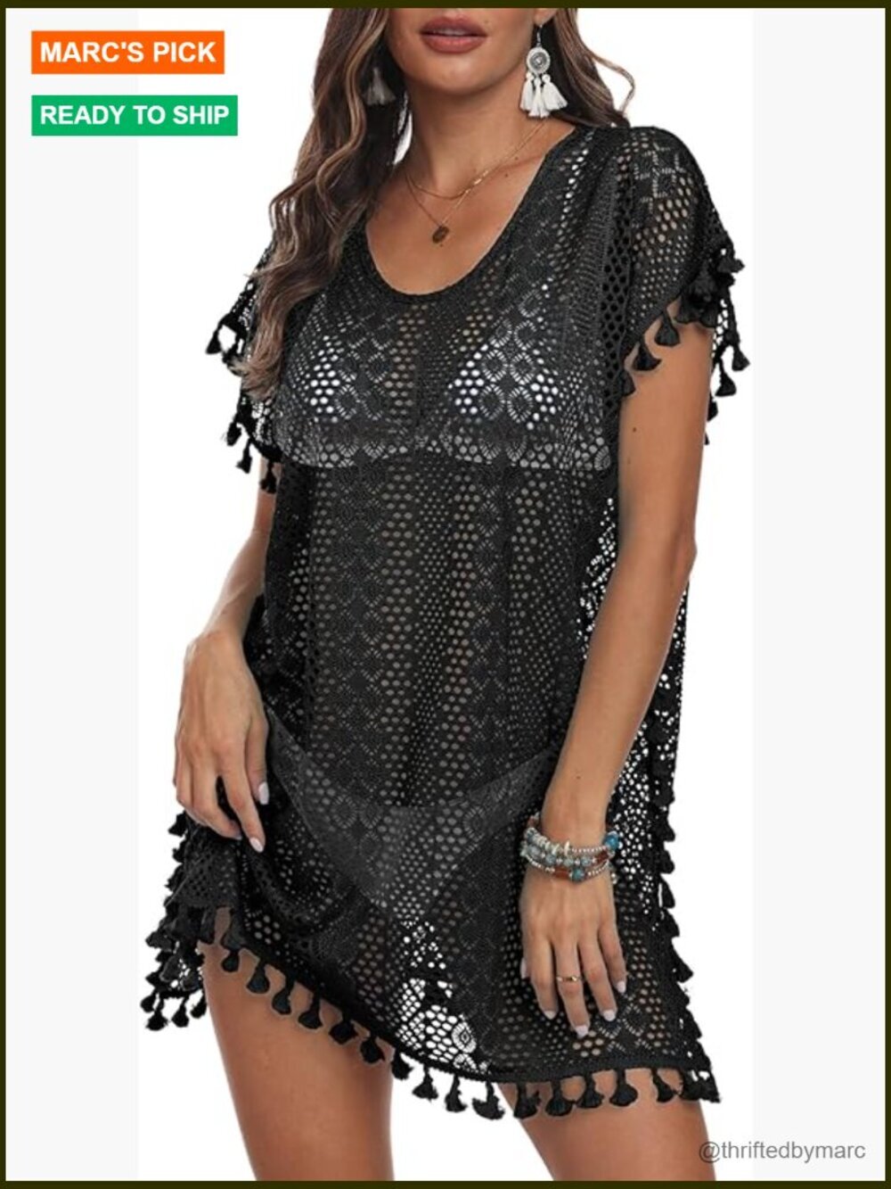 Crochet Tassel Swimsuit Cover Up Mesh Beach Dress Vacation Outfit Bikini Coverup